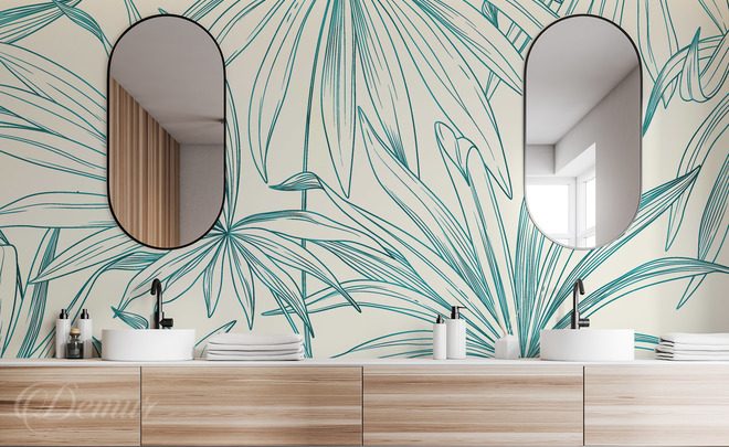 Esquisse-verte-de-la-nature-dans-un-interieur-moderne-fleurs-murales-papiers-peints-demur