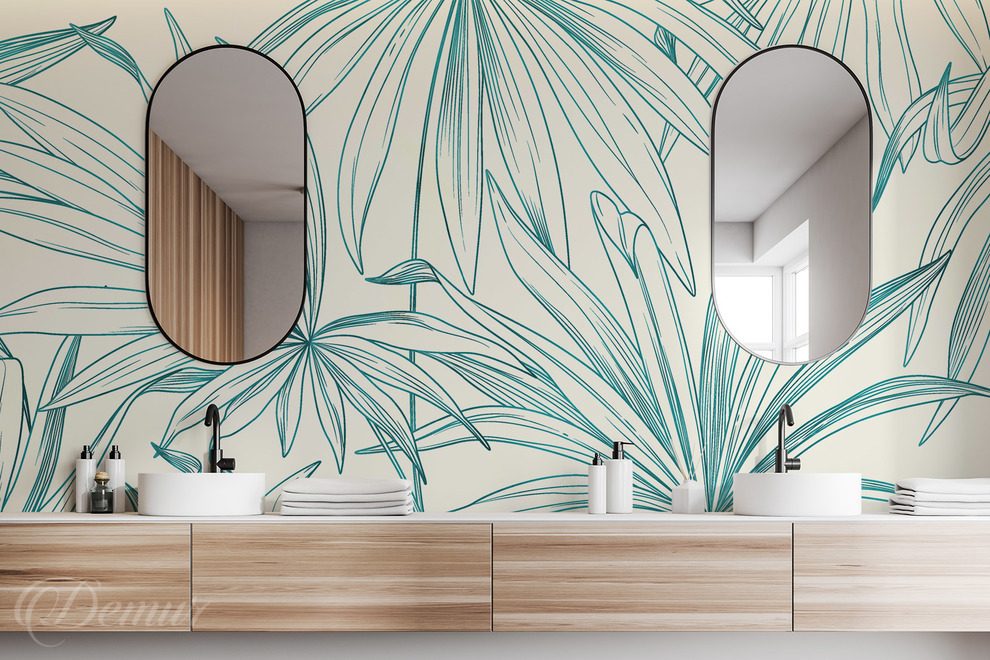 Esquisse-verte-de-la-nature-dans-un-interieur-moderne-fleurs-murales-papiers-peints-demur