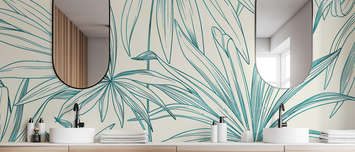 Esquisse-verte-de-la-nature-dans-un-interieur-moderne-fleurs-murales-papiers-peints-demur