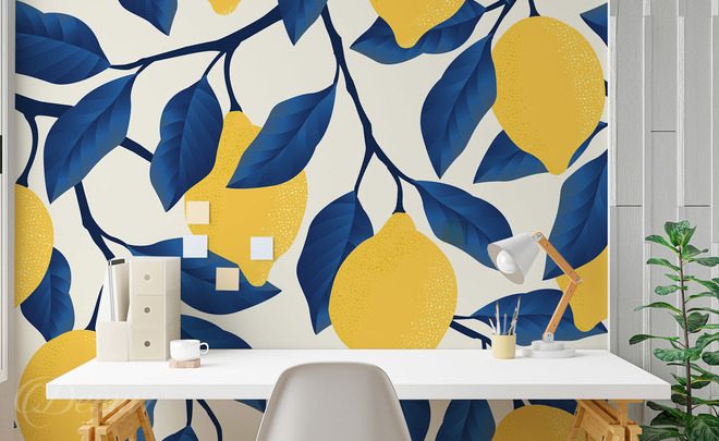 Motif-citronne-avec-des-feuilles-bleu-marine-les-papiers-peints-pour-la-cuisine-papiers-peints-demur