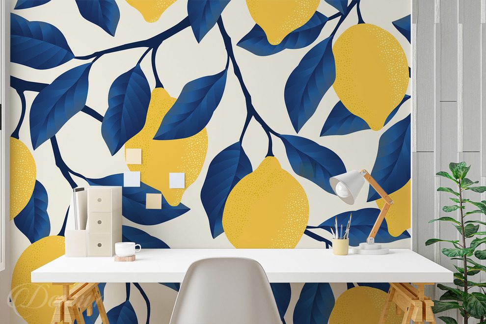 Motif-citronne-avec-des-feuilles-bleu-marine-les-papiers-peints-pour-la-cuisine-papiers-peints-demur