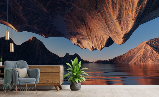 Un-paysage-surrealiste-de-montagnes-au-bord-de-leau-montagne-papiers-peints-demur