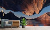 Un-paysage-surrealiste-de-montagnes-au-bord-de-leau-montagne-papiers-peints-demur