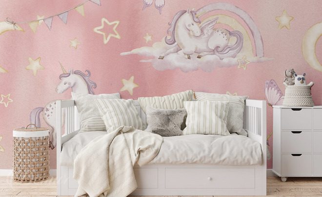 Licornes-feeriques-dans-des-nuages-pastel-mur-a-la-chambre-de-la-jeune-fille-papiers-peints-demur