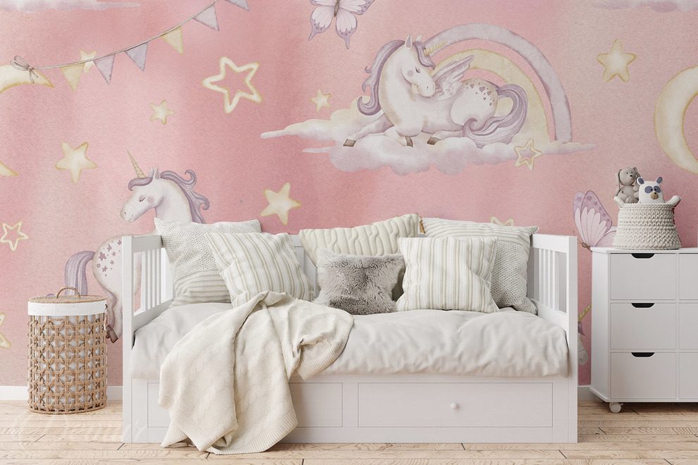 Licornes-feeriques-dans-des-nuages-pastel-mur-a-la-chambre-de-la-jeune-fille-papiers-peints-demur