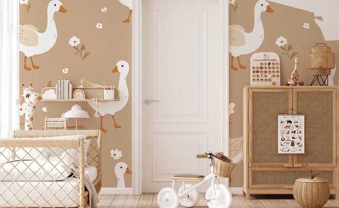 Adorables-petites-oies-dans-un-jardin-pastel-pour-les-enfants-papiers-peints-demur