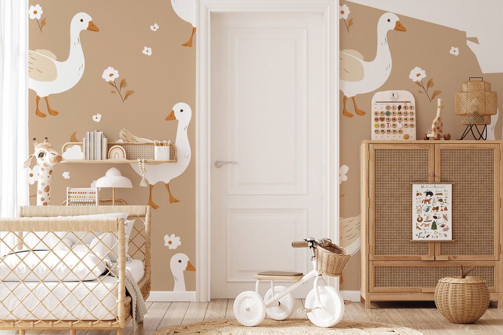 Adorables-petites-oies-dans-un-jardin-pastel-pour-les-enfants-papiers-peints-demur