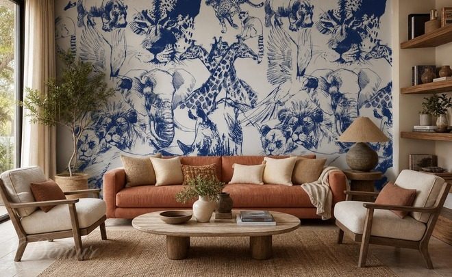 Contraste-danimaux-bleu-marine-sur-fond-clair-pour-le-salon-papiers-peints-demur