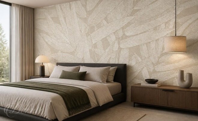 Papier-peint-style-avec-motif-de-feuilles-beige-pou-la-chambre-a-coucher-papiers-peints-demur
