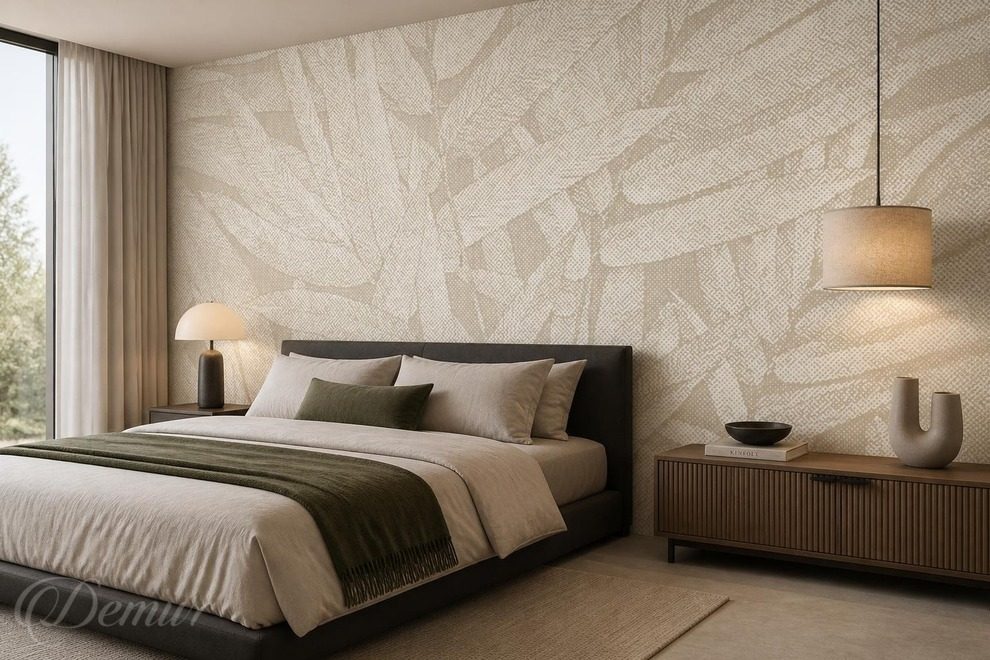 Papier-peint-style-avec-motif-de-feuilles-beige-pou-la-chambre-a-coucher-papiers-peints-demur