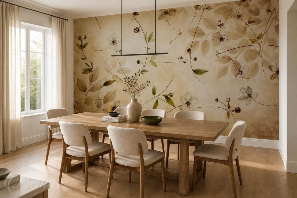 Palette-chaude-de-tons-naturels-et-motif-floral-fleurs-murales-papiers-peints-demur