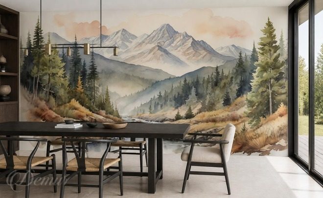 Paysage-montagneux-aquarelle-avec-cours-deau-paysages-sur-le-mur-papiers-peints-demur