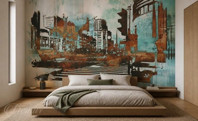 Contraste-des-tons-cuivres-et-bleutes-architecture-sur-le-mur-papiers-peints-demur