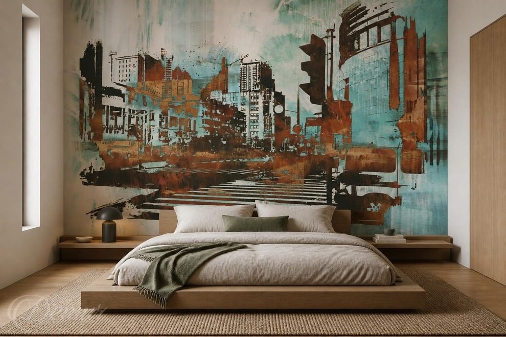 Contraste-des-tons-cuivres-et-bleutes-architecture-sur-le-mur-papiers-peints-demur