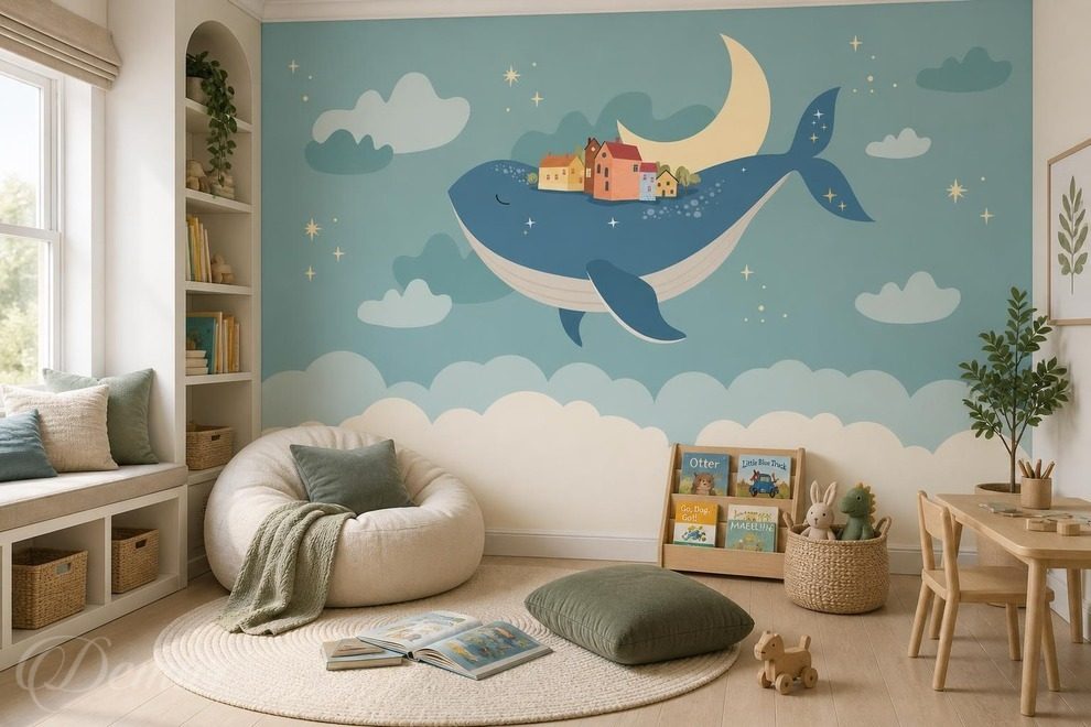 Illustration-elegante-de-baleine-avec-lune-et-maisons-pour-les-enfants-papiers-peints-demur