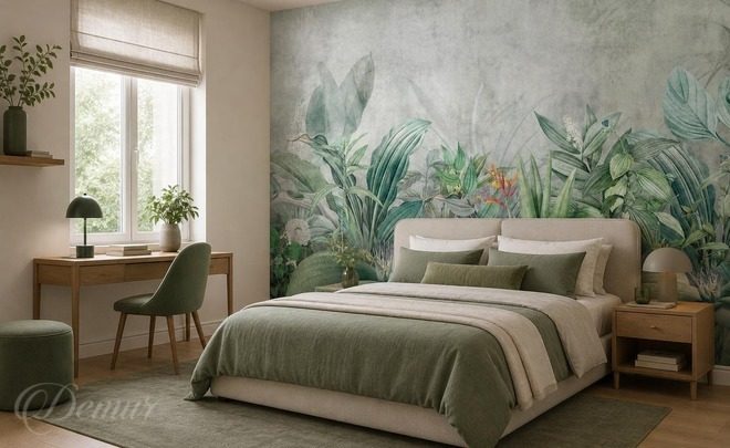 Contraste-de-vert-et-de-gris-dans-un-motif-vegetal-pou-la-chambre-a-coucher-papiers-peints-demur