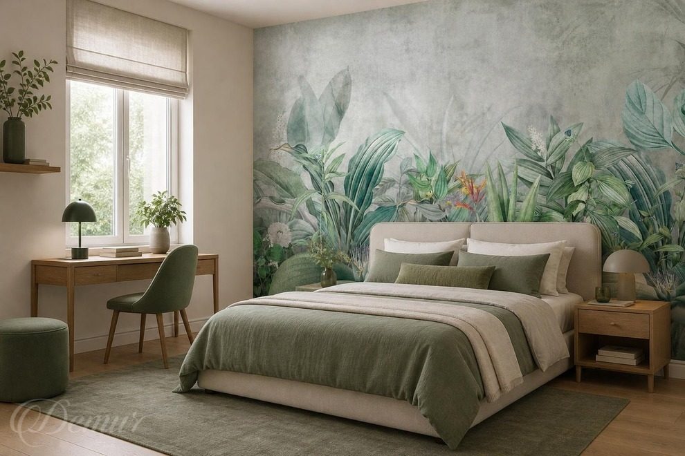 Contraste-de-vert-et-de-gris-dans-un-motif-vegetal-pou-la-chambre-a-coucher-papiers-peints-demur