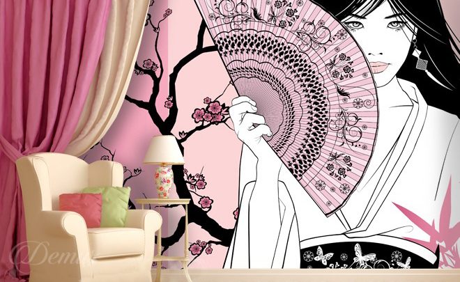 Geisha-sous-les-fleurs-de-cerisier-orientaux-papiers-peints-demur