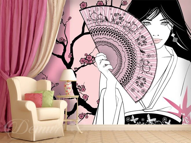 Geisha-sous-les-fleurs-de-cerisier-orientaux-papiers-peints-demur